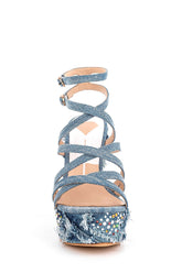 Denim Gem-Embellished Strappy Peep Toe Lace Up High Wedge Sandals
